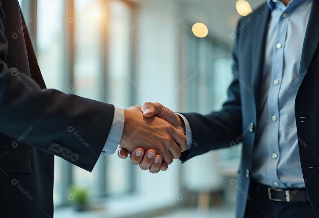 Um retrato de empresários dando apertos de mãos em fundo desfocado