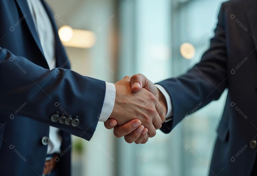 Um retrato de empresários dando apertos de mãos em fundo desfocado