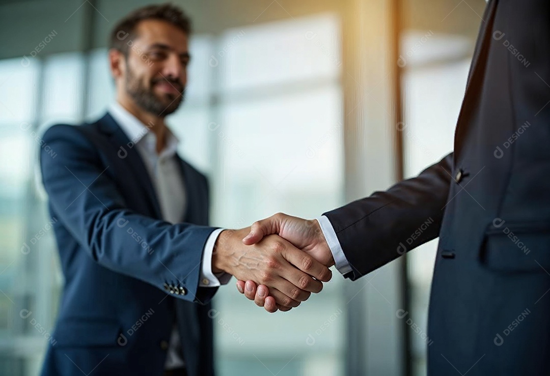 Um retrato de empresários dando apertos de mãos em fundo desfocado