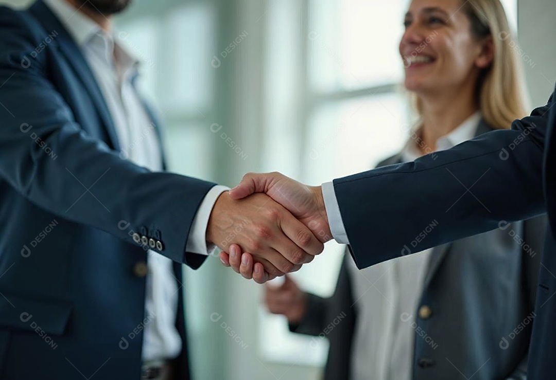 Um retrato de empresários dando apertos de mãos em fundo desfocado