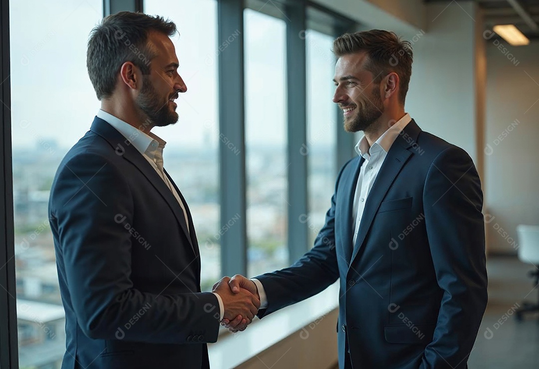 Um retrato de empresários dando apertos de mãos em fundo desfocado