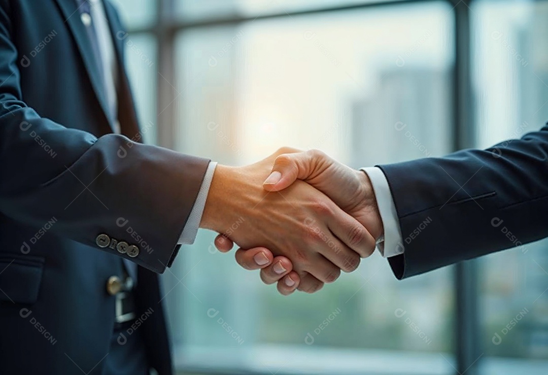 Um retrato de empresários dando apertos de mãos em fundo desfocado