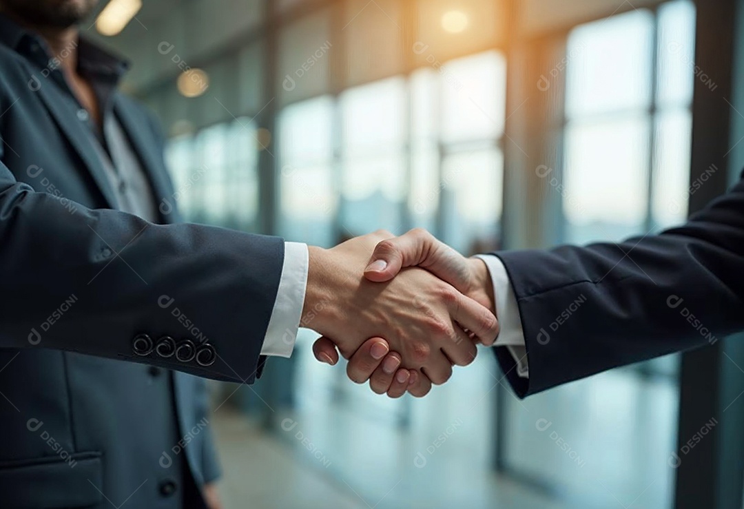 Um retrato de empresários dando apertos de mãos em fundo desfocado