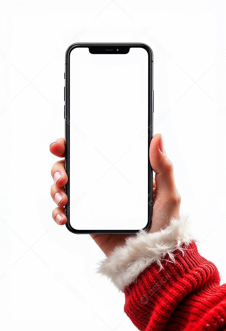 Close up da mão do Papai Noel segurando um modelo de smartphone moderno