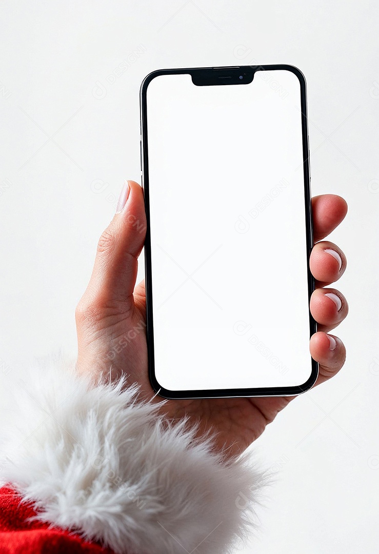 Close up da mão do Papai Noel segurando um modelo de smartphone moderno