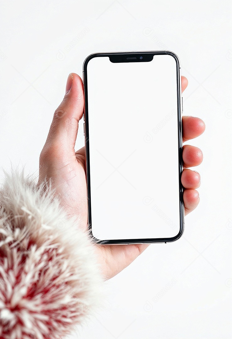 Close up da mão do Papai Noel segurando um modelo de smartphone moderno