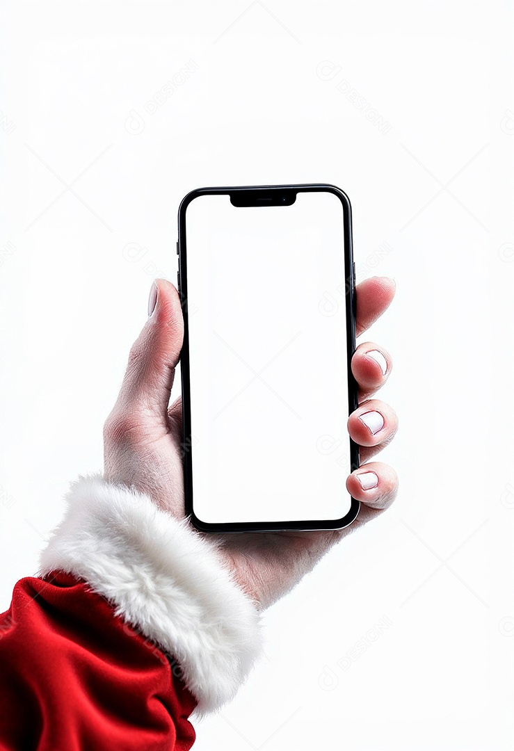 Close up da mão do Papai Noel segurando um modelo de smartphone moderno