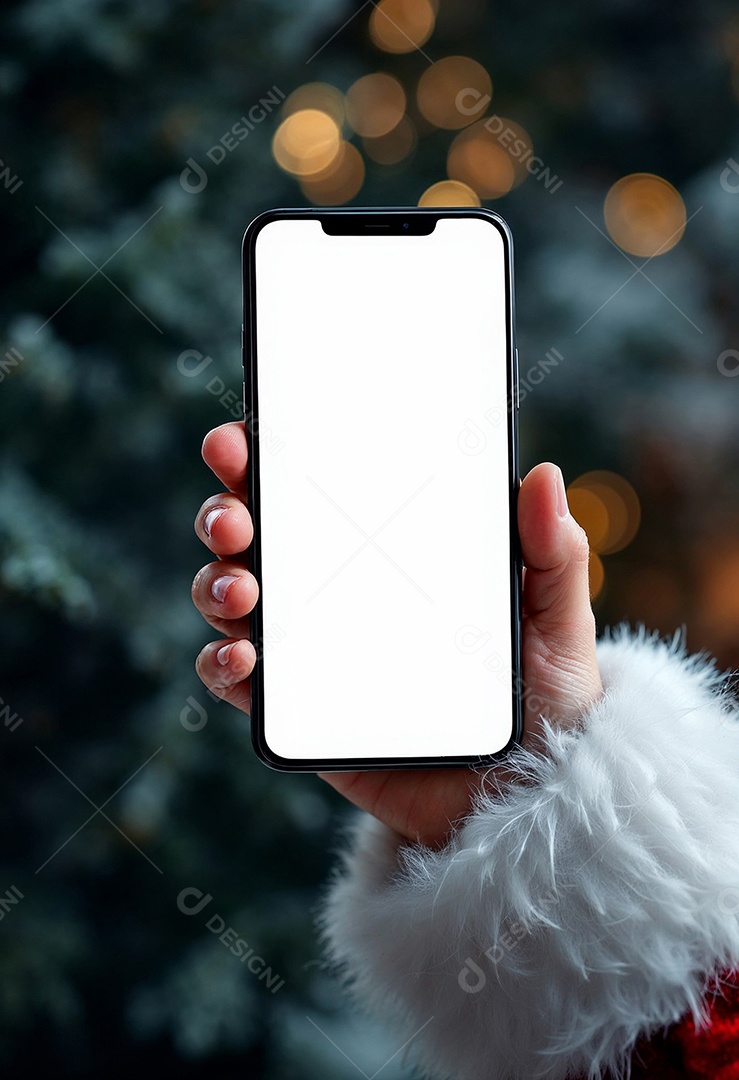 Close up da mão do Papai Noel segurando um modelo de smartphone moderno