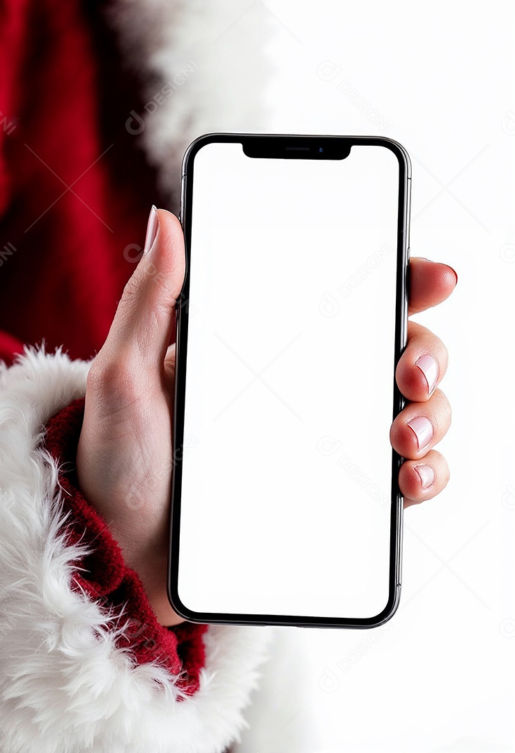 Close up da mão do Papai Noel segurando um modelo de smartphone moderno