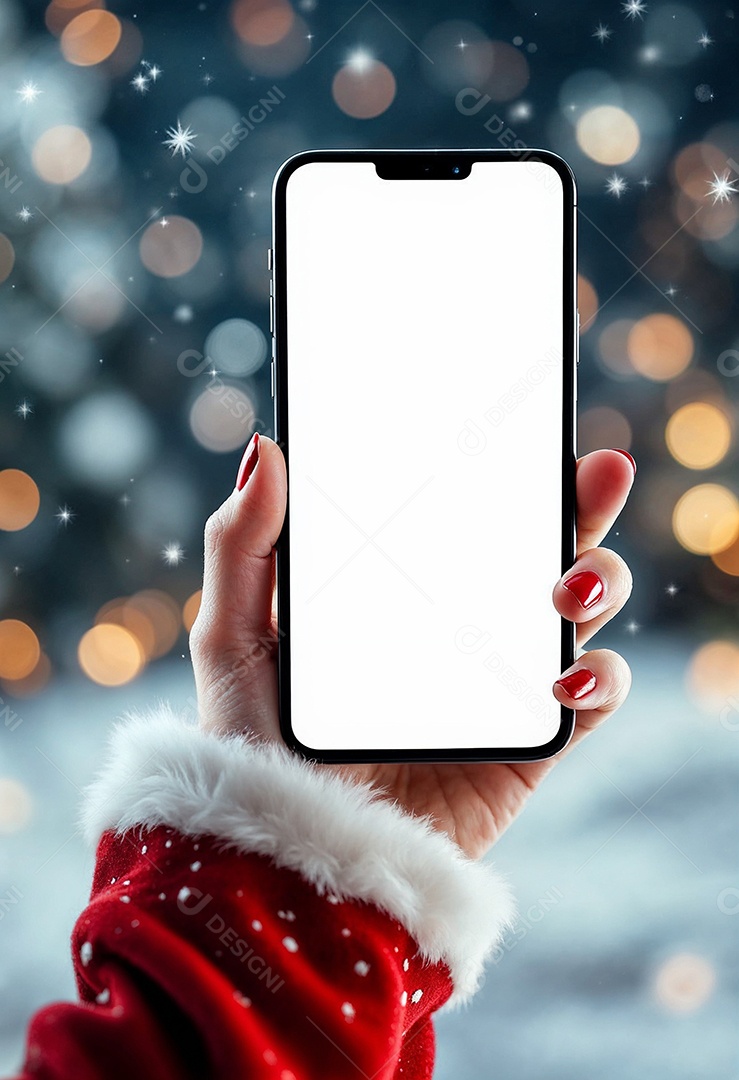 Close up da mão do Papai Noel segurando um modelo de smartphone moderno