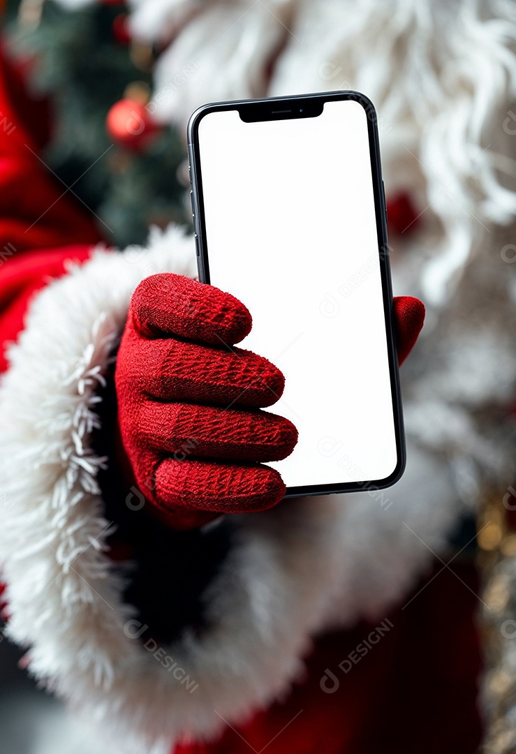 Close up da mão do Papai Noel segurando um modelo de smartphone moderno