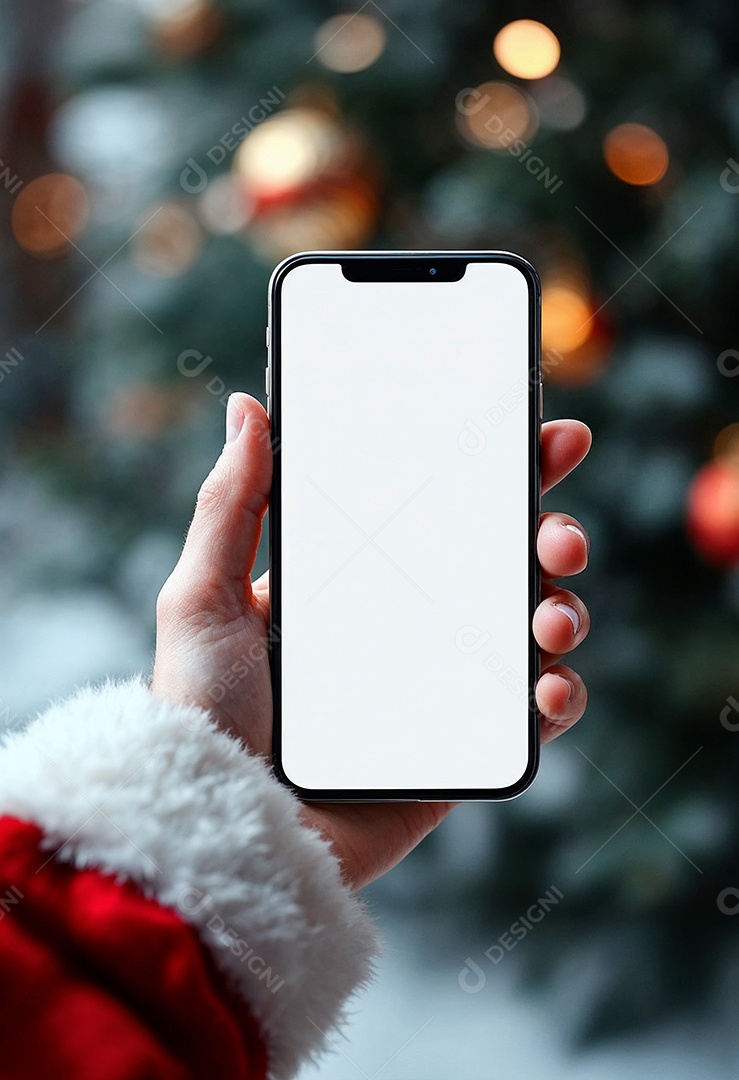 Close up da mão do Papai Noel segurando um modelo de smartphone moderno