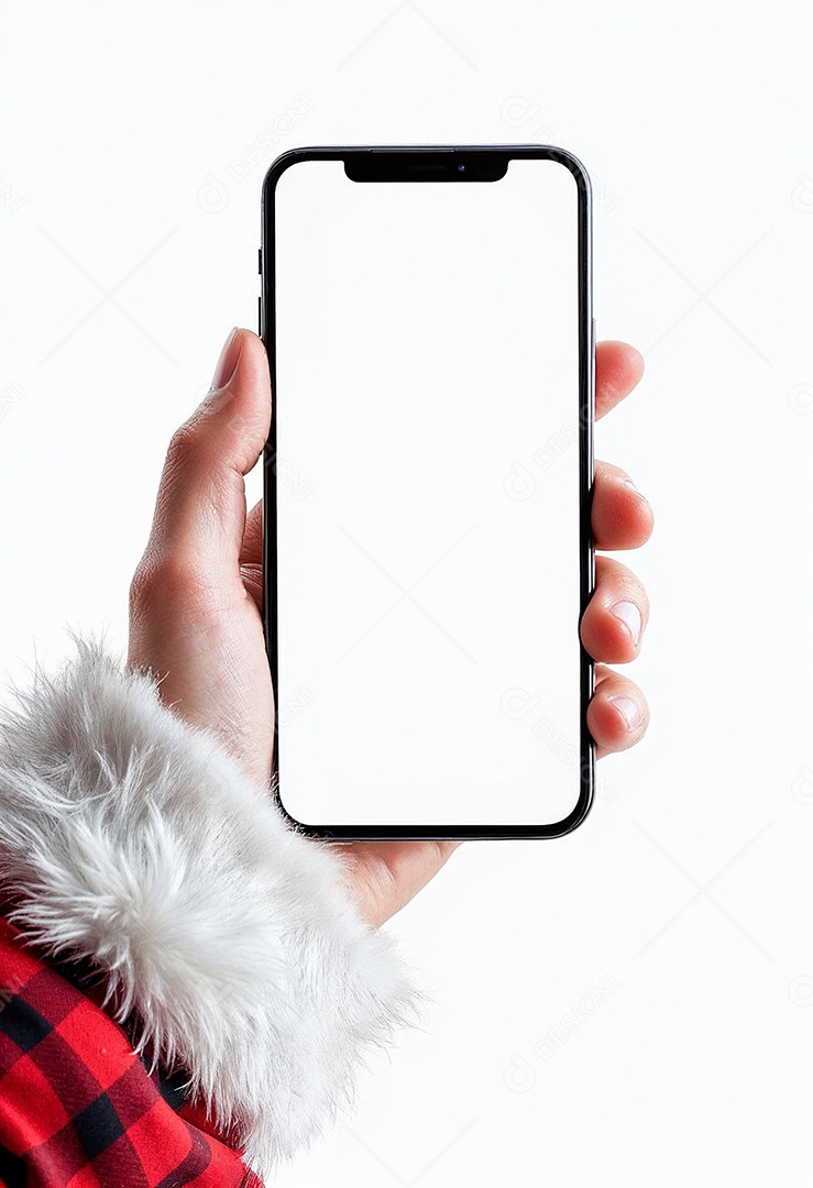 Close up da mão do Papai Noel segurando um modelo de smartphone moderno