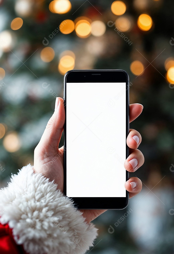 Close up da mão do Papai Noel segurando um modelo de smartphone moderno
