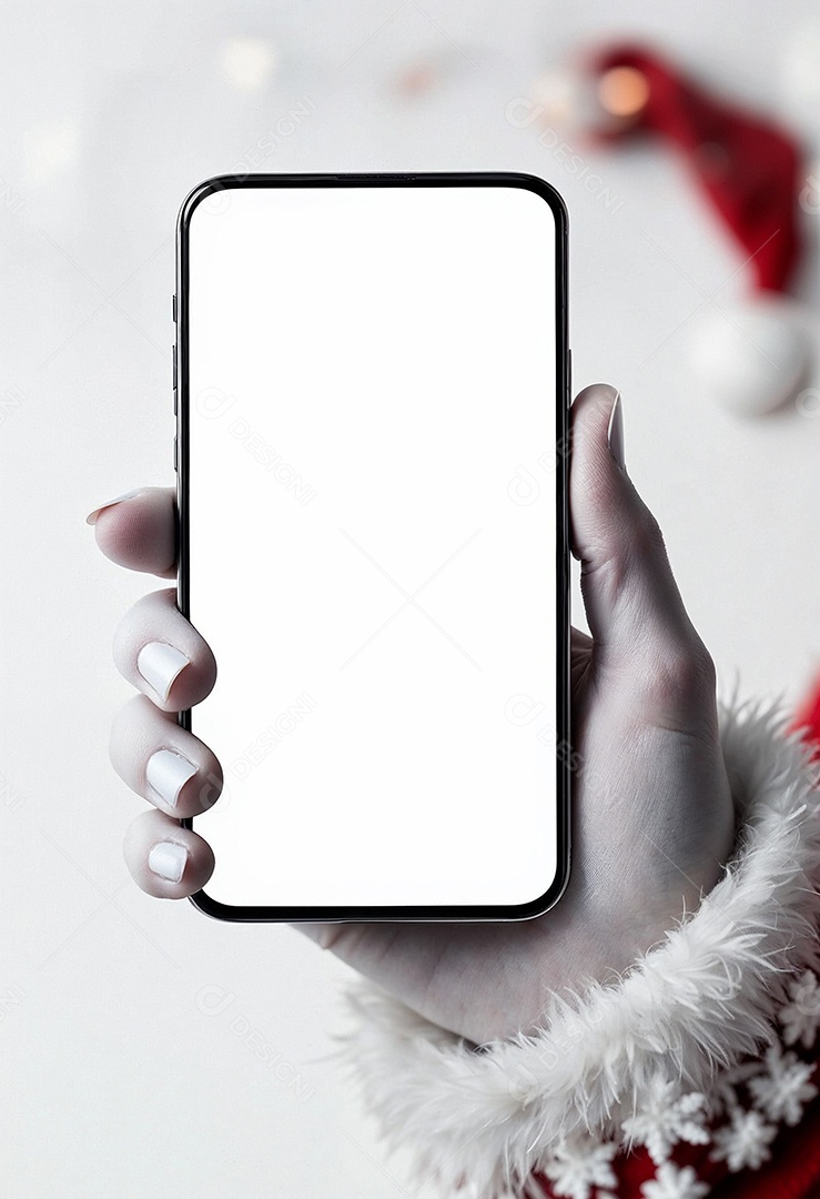 Close up da mão do Papai Noel segurando um modelo de smartphone moderno