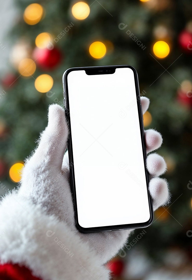 Close up da mão do Papai Noel segurando um modelo de smartphone moderno