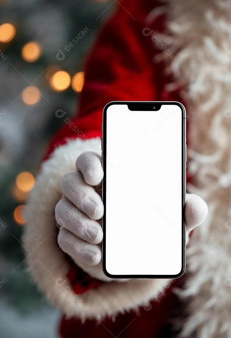 Close up da mão do Papai Noel segurando um modelo de smartphone moderno