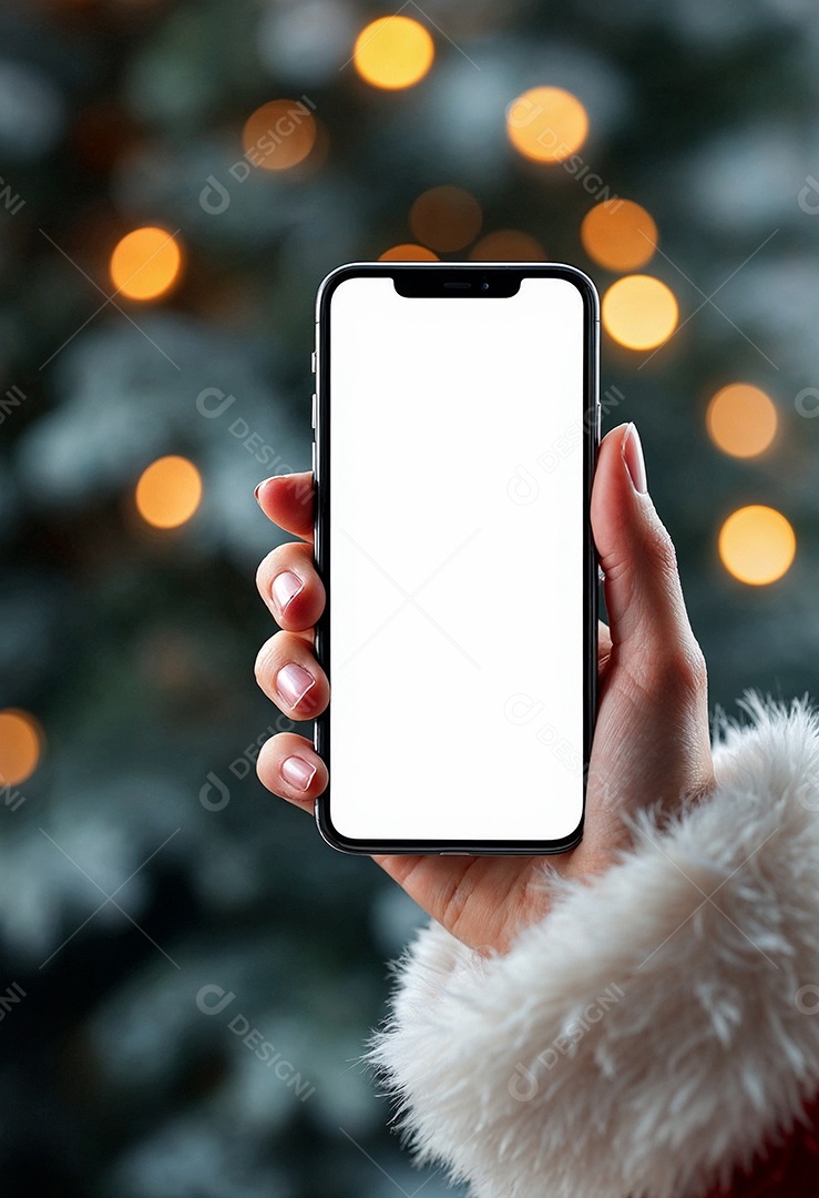 Close up da mão do Papai Noel segurando um modelo de smartphone moderno