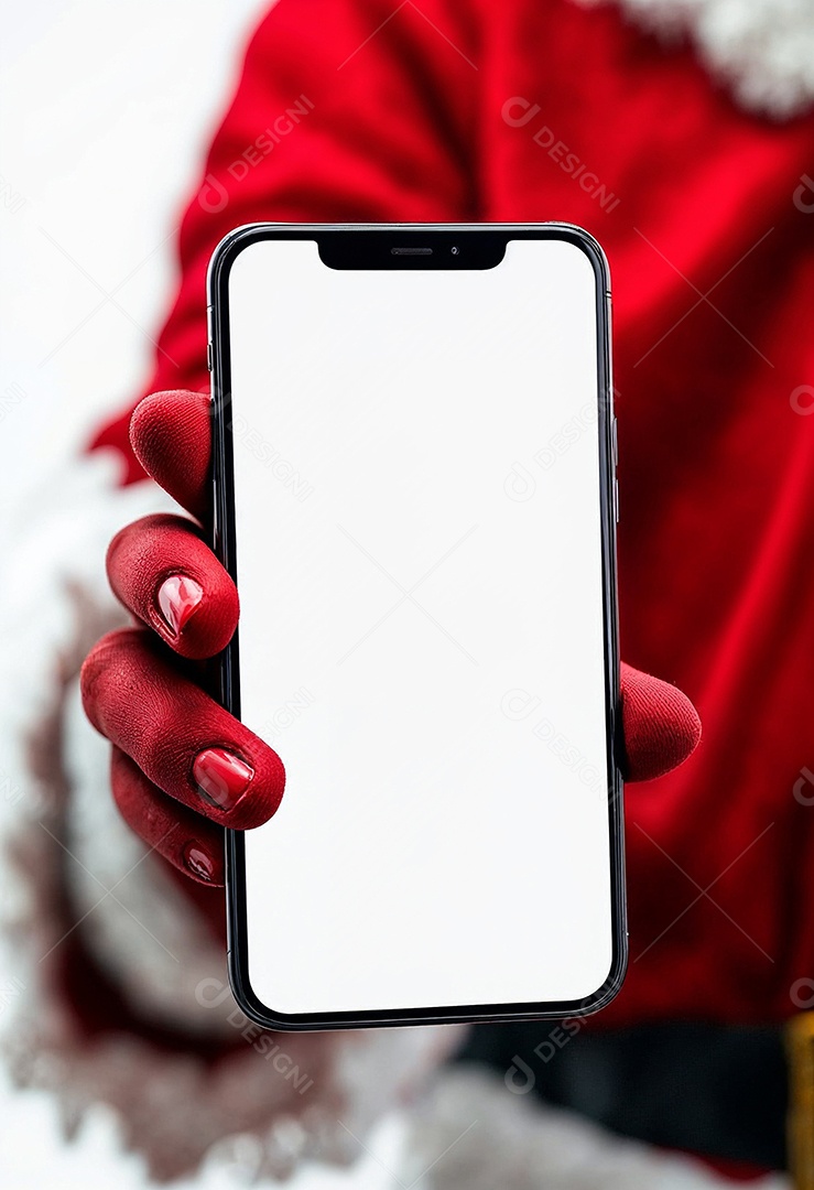 Close up da mão do Papai Noel segurando um modelo de smartphone moderno