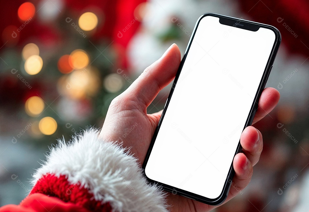 Close up da mão do Papai Noel segurando um modelo de smartphone moderno