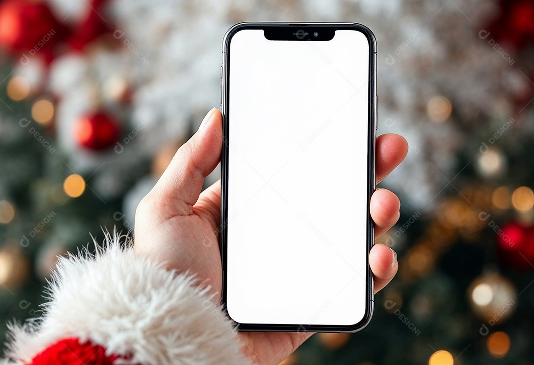 Close up da mão do Papai Noel segurando um modelo de smartphone moderno