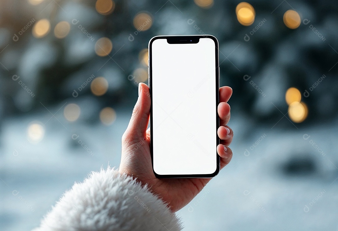 Close up da mão do Papai Noel segurando um modelo de smartphone moderno