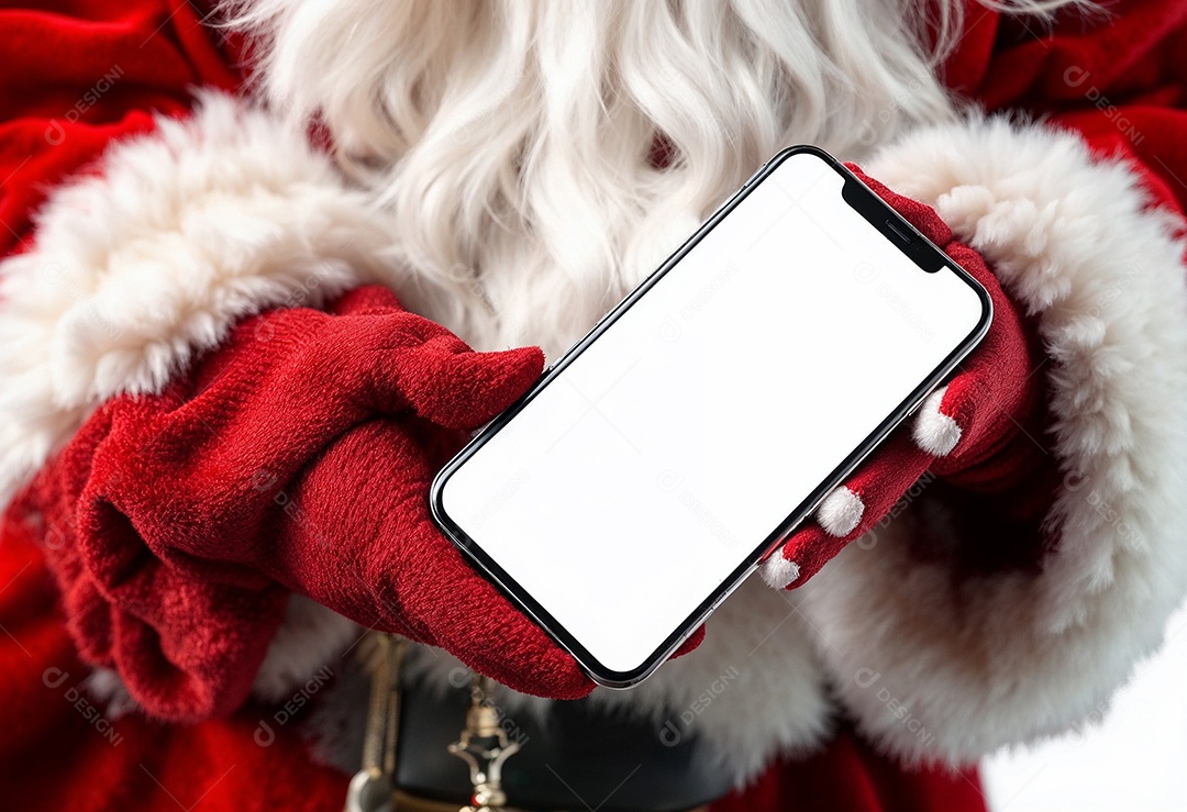 Close up da mão do Papai Noel segurando um modelo de smartphone moderno