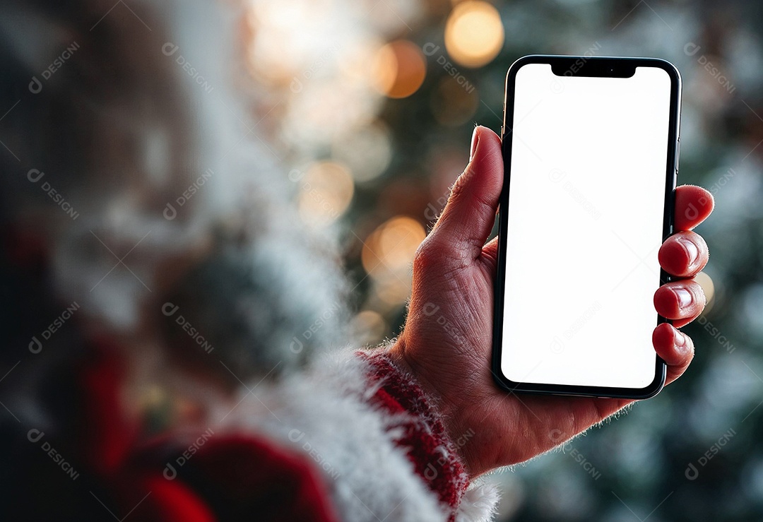 Close up da mão do Papai Noel segurando um modelo de smartphone moderno