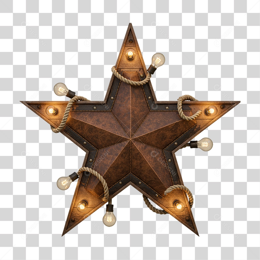 Estrela de Madeira Couro com Lâmpadas PNG Transparente