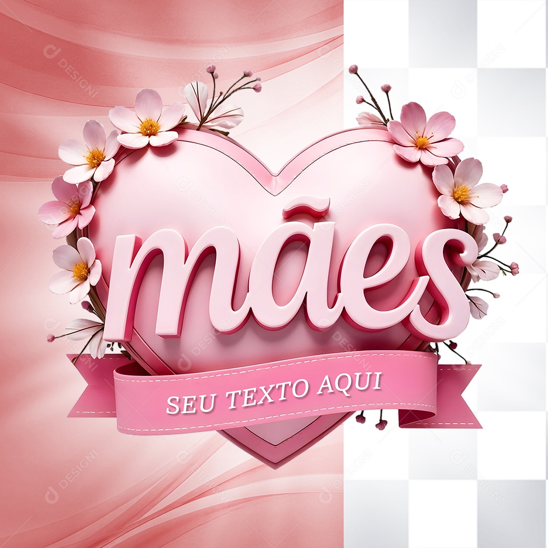 Selo 3D Mães Coração para Composição PSD