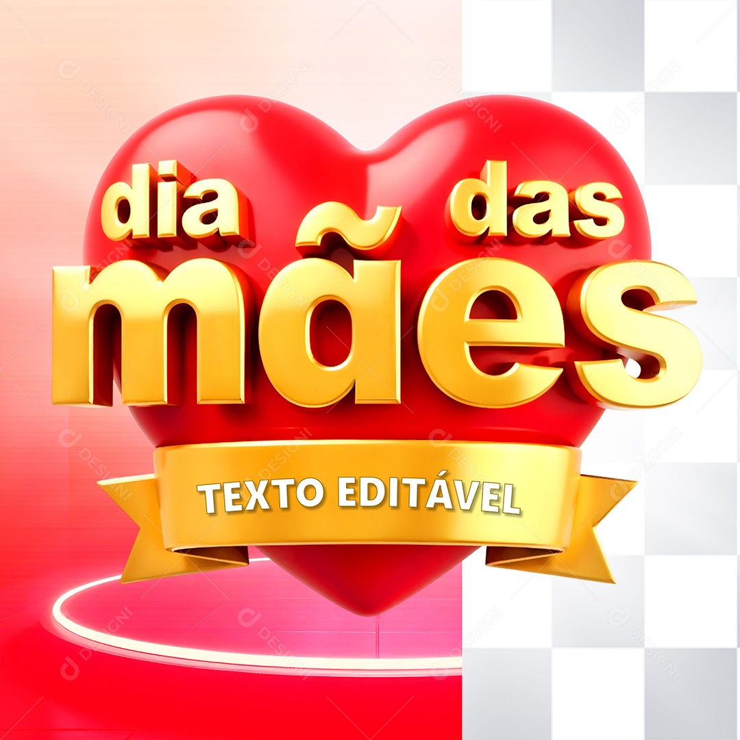 Selo 3D Dia Das Mães Coração para Composição PSD