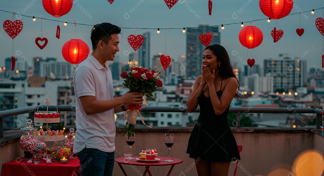 Lindo casal felizes celebrando aniversário de namoro