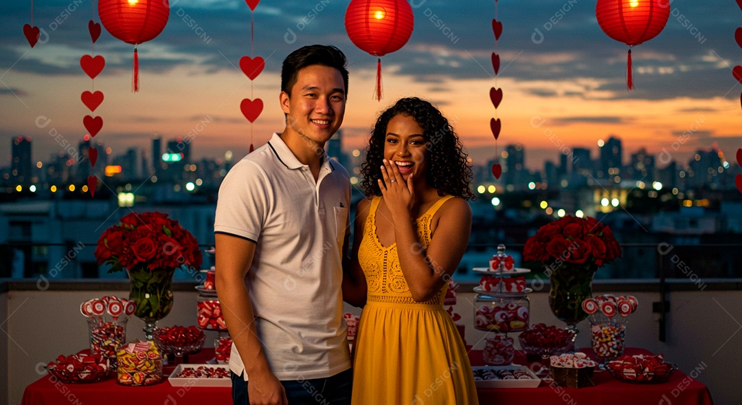 Lindo casal felizes celebrando aniversário de namoro