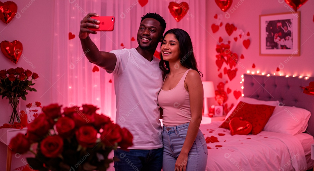 Lindo casal felizes celebrando aniversário de namoro