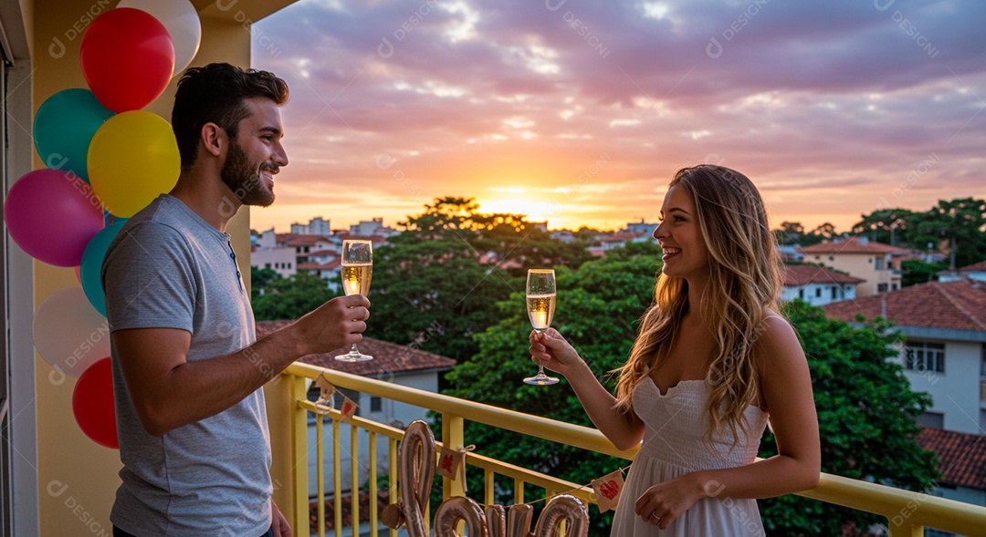 Lindo casal felizes em um terraço bebendo bebida sobre uma taça