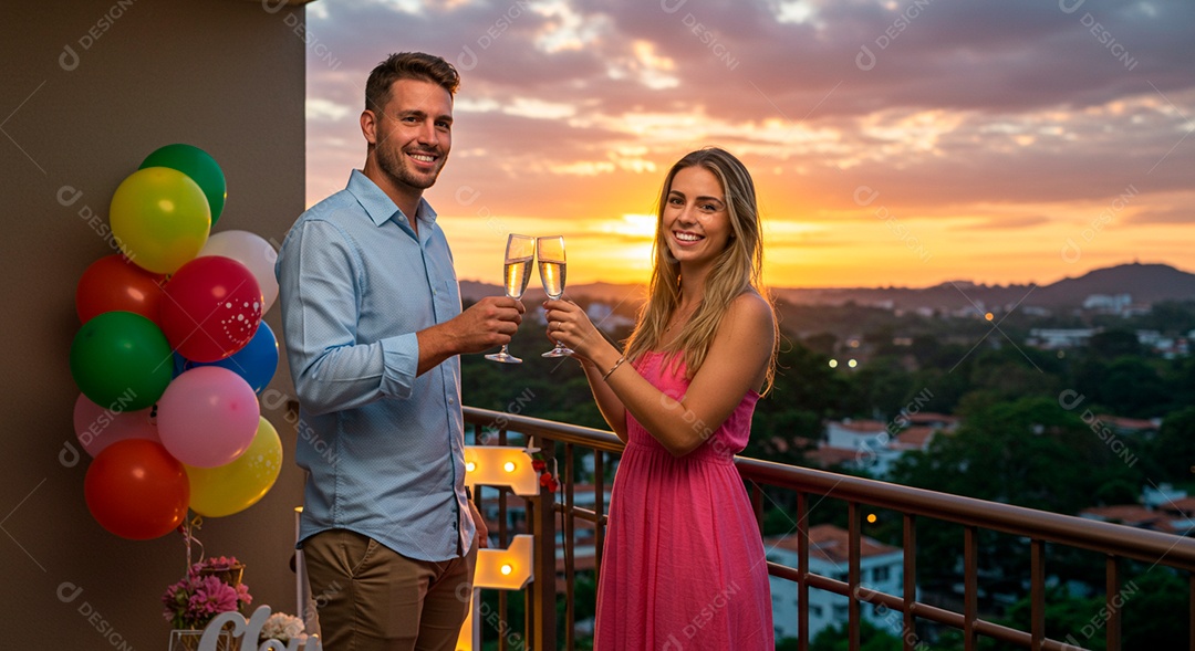 Lindo casal felizes em um terraço bebendo bebida sobre uma taça