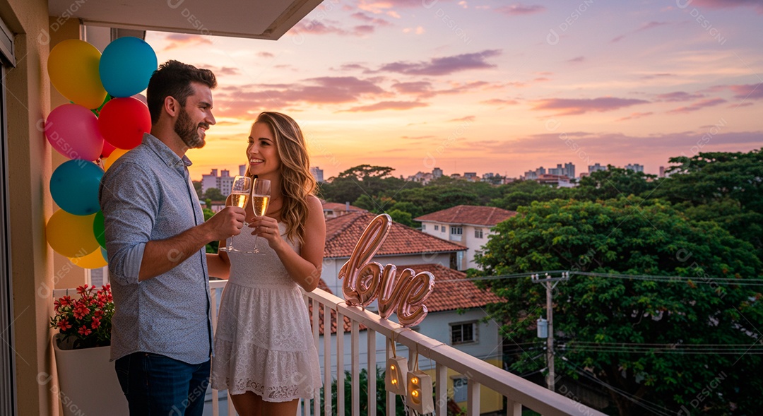 Lindo casal felizes em um terraço bebendo bebida sobre uma taça