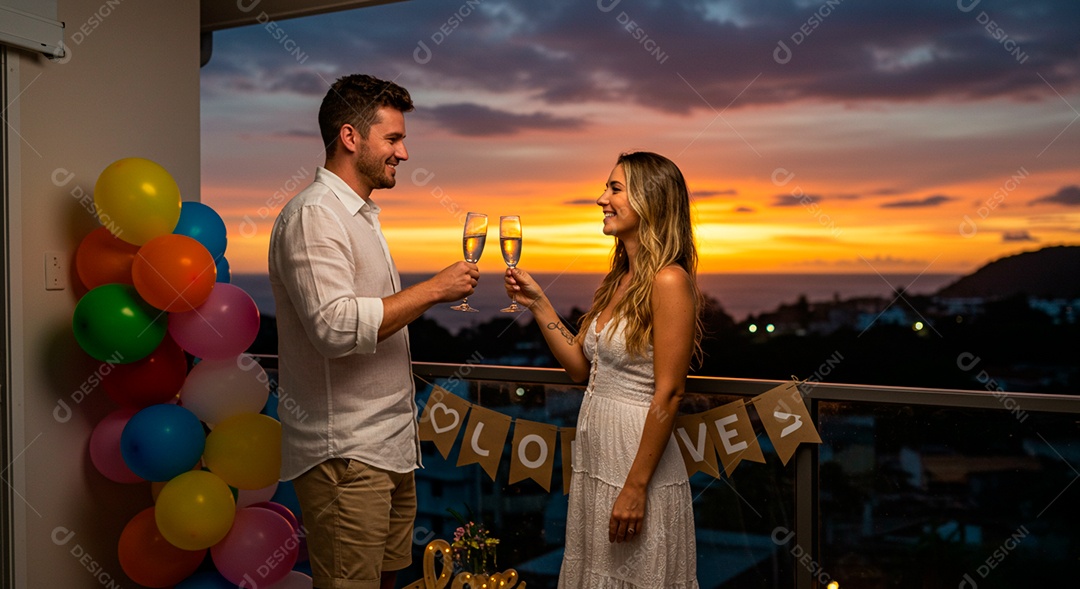 Lindo casal felizes em um terraço bebendo bebida sobre uma taça