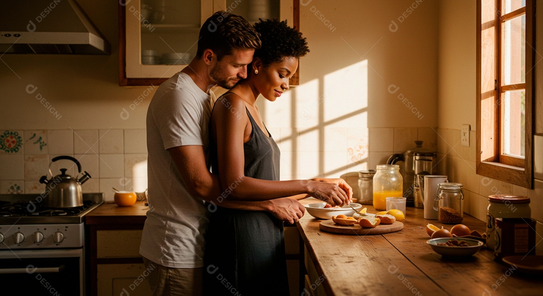 Lindo casal felizes em uma cozinha