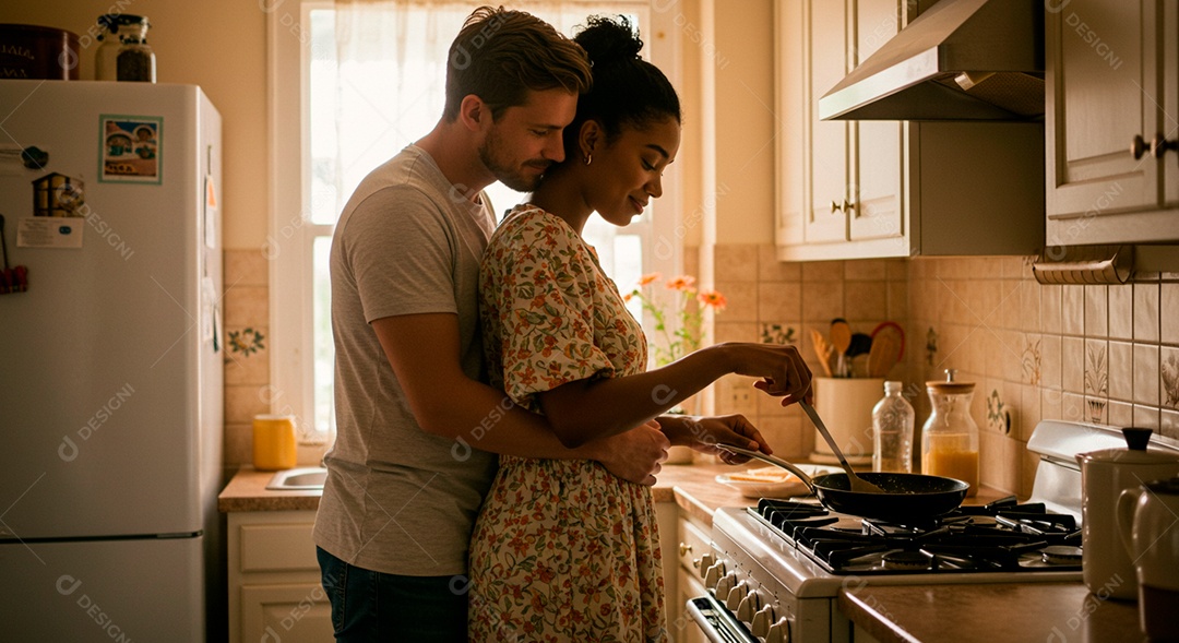 Lindo casal felizes em uma cozinha