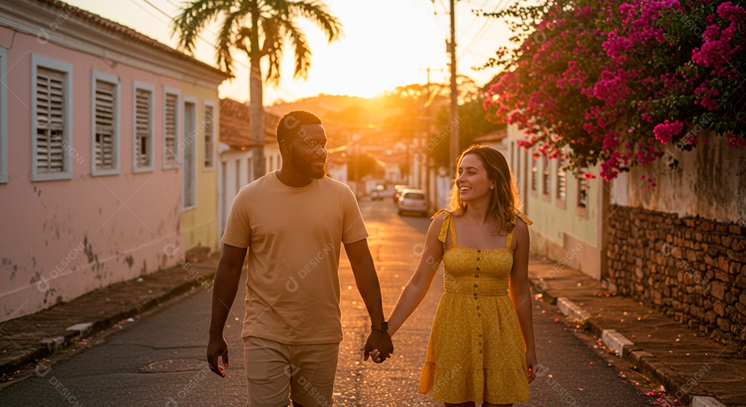 Lindo casal felizes caminhando sobre rua