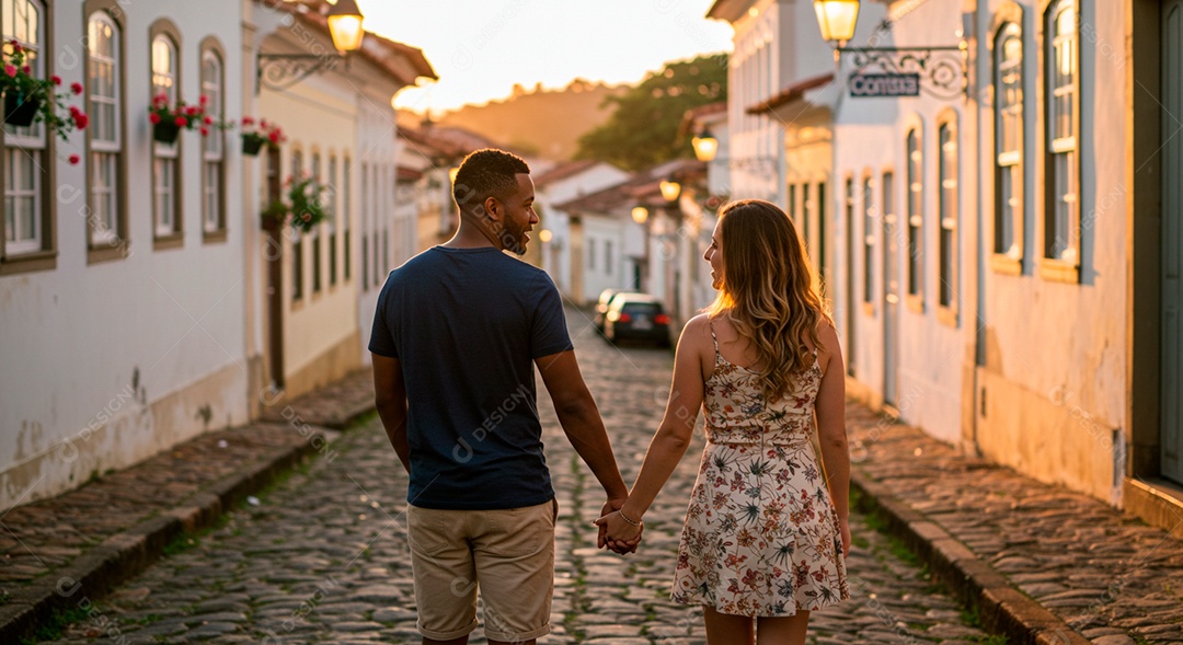 Lindo casal felizes caminhando sobre rua