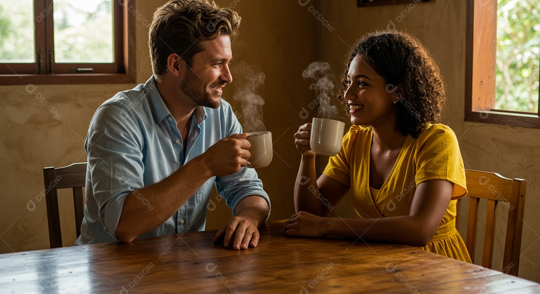 Lindo casal felizes jovens sentados sobre cadeira bebendo café