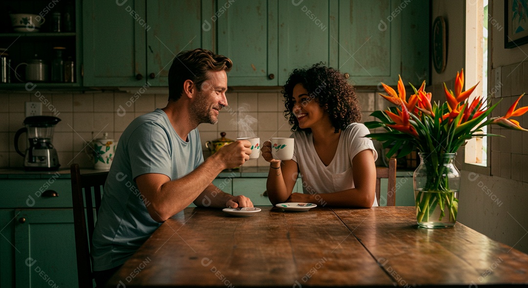Lindo casal felizes em uma cozinha