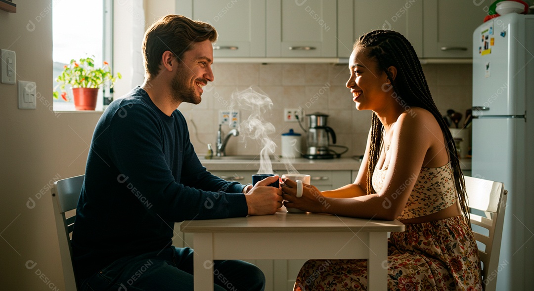 Lindo casal felizes jovens em sua residencia sentandos