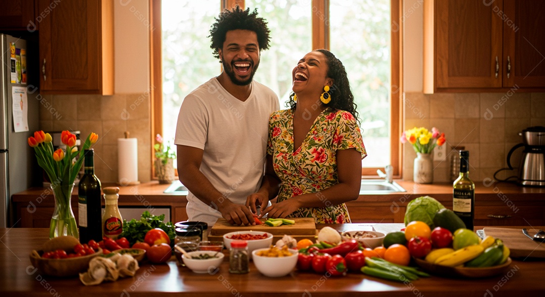 Lindo casal felizes em uma cozinha fazendo comida juntos