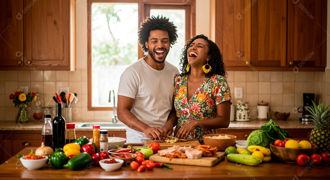Lindo casal felizes em uma cozinha fazendo comida juntos
