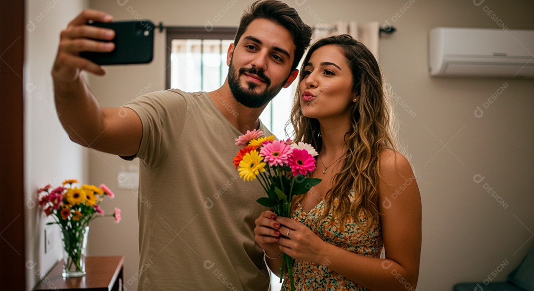 Lindo casal felizes se preseteando em aniversário de namoro tirando retratos através de um smartphone