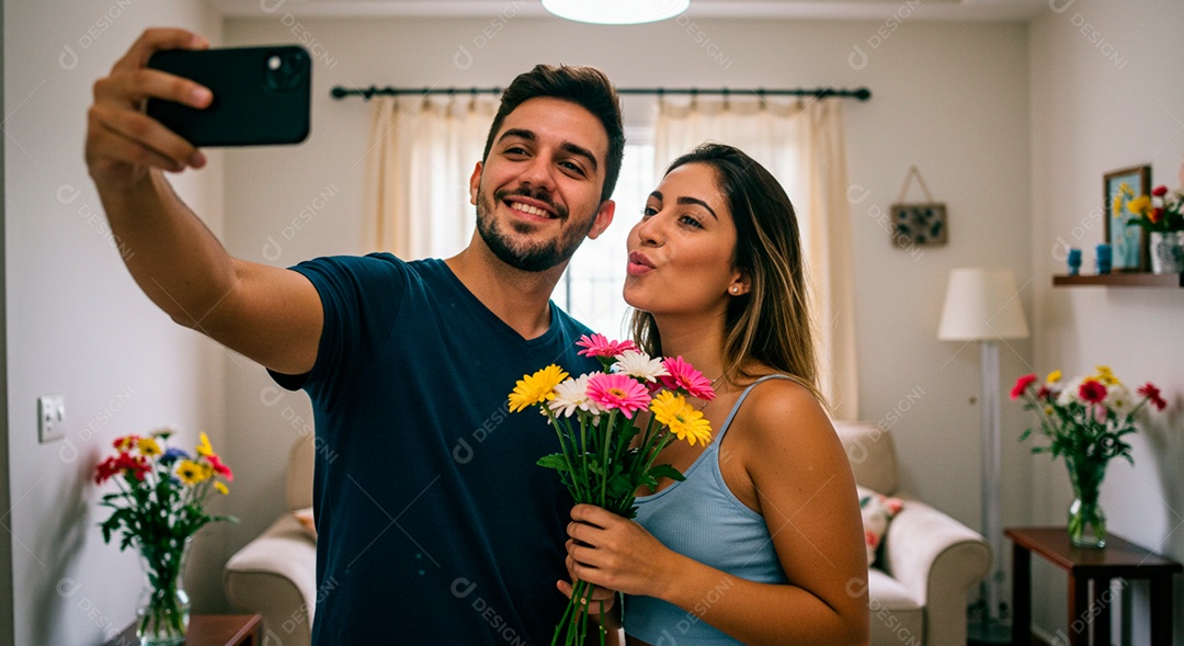 Lindo casal felizes se preseteando em aniversário de namoro tirando retratos através de um smartphone