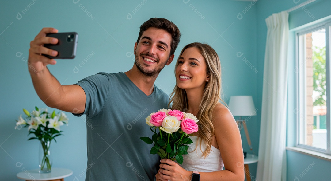 Lindo casal felizes celebrando aniversário de namoro tirando retratos